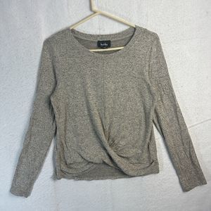 by&by Top Women's Twist Front Large Brown Long Sleeve Crew Neck Rayon Strech